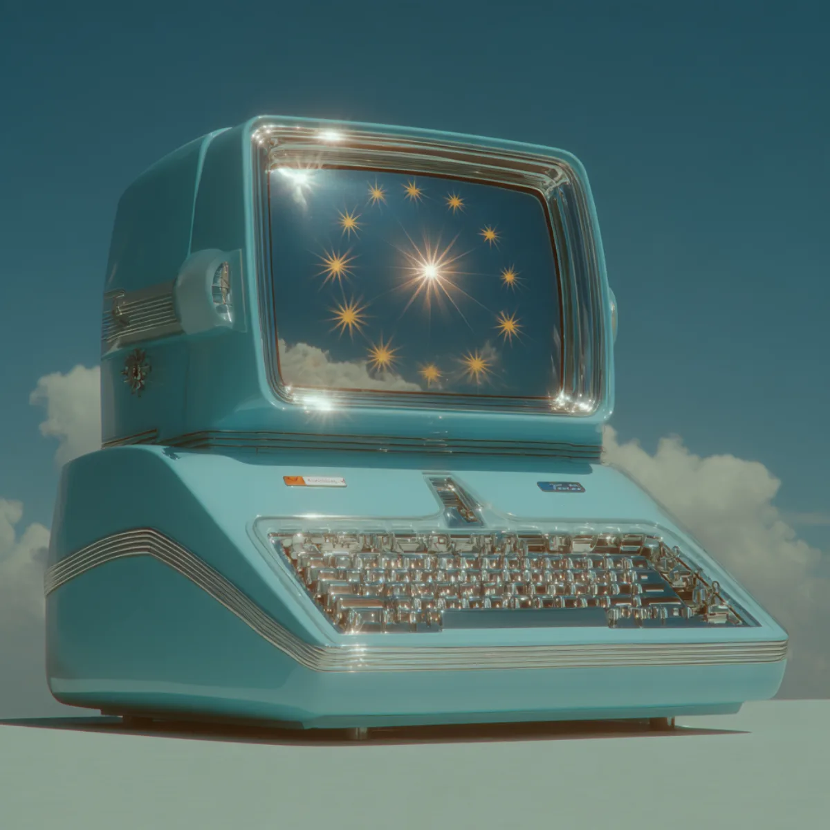 Ordenador retrofuturista azul turquesa con pantalla de estrellas doradas sobre un cielo con nubes, imagen sobre el Reglamento Europeo de IA